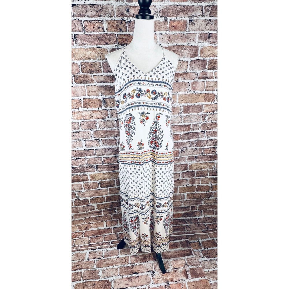 Old Navy Womens Boho Floral Medallion Maxi Dress White Blue Red Large V-Neck - Picture 2 of 16